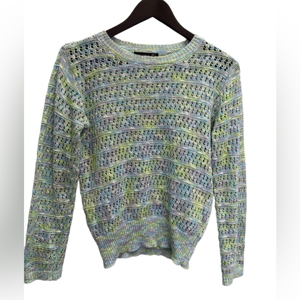 Black Tape Open-Stitch Green Blue Pullover Crew Neck Sweater Size S - Picture 2 of 12